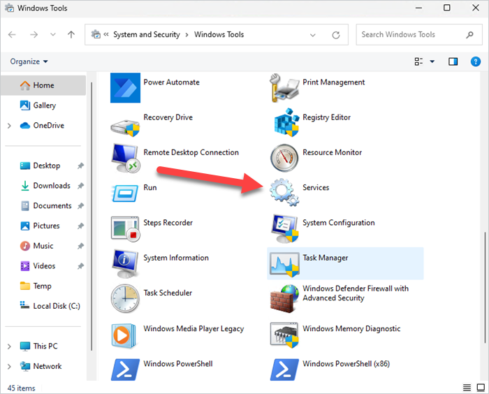 Navigating to services from the Start menu in Windows 11.
