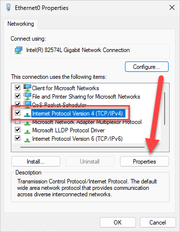 Select Internet Protocol Version 4 then click the Properties button.