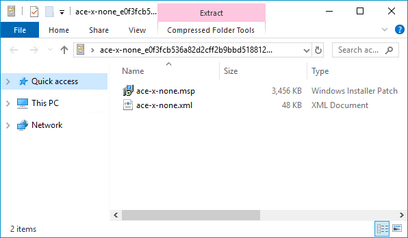 Contents of .cab file showing .msp and .xml files