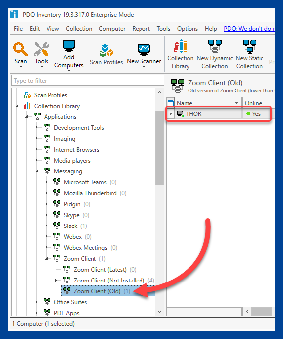 PDQ Inventory Collection Library displaying what computer has an old Zoom Client installed