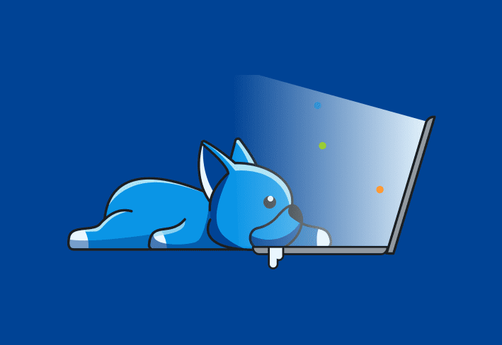 Dog drooling while reading content on laptop