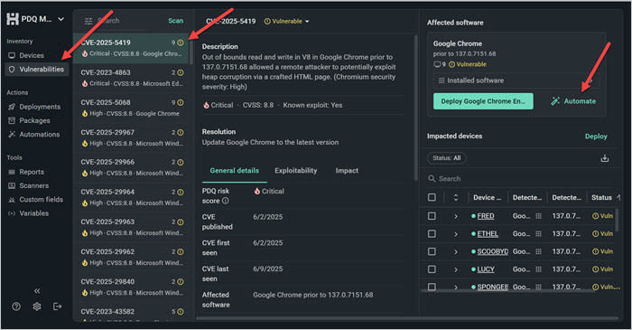 The Vulnerabilities tab, CVE, and Automate button in PDQ Connect.