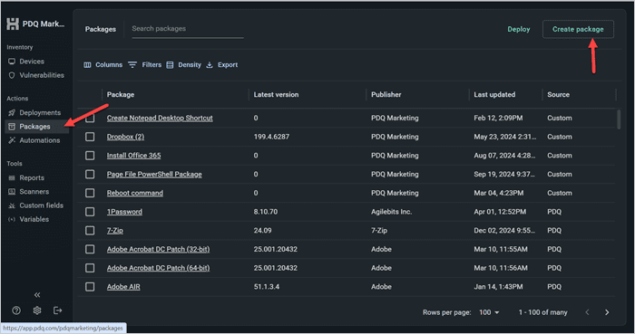 Screenshot showing the Packages tab and the Create package button in the PDQ Connect UI.