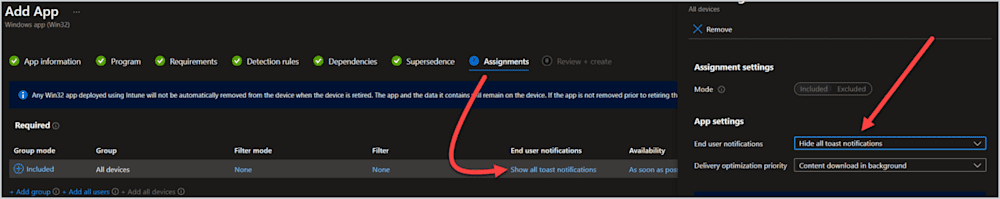 Screenshot of Intune's Assignments panel.