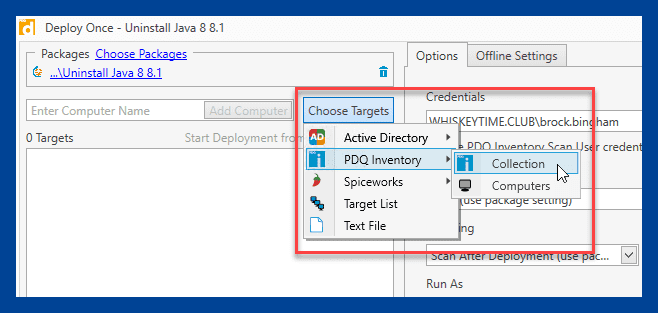 Screenshot showing Choose Targets > PDQ Inventory > Collection in PDQ Deploy.