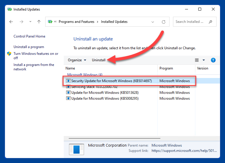Select the update you need to remove within Installed Updates and click Uninstall