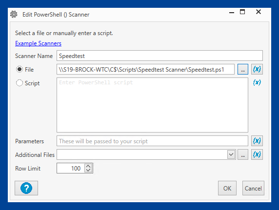 Name the scanner, add the PowerShell script, and click OK.