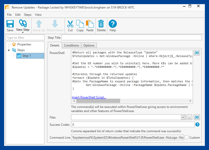 The package details window displays all information for any given packages, such as conditions, options, offline settings, and steps