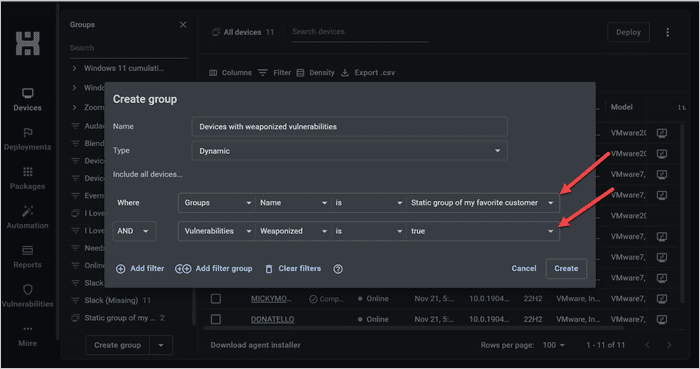 Screenshot showing the "Create group" window in the PDQ Connect interface with the following filters: Groups > Name > is > Static group of my favorite customer AND Vulnerabilities > Weaponized > is > true.