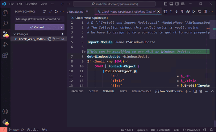 Inspecting file modifications in VS Code using Git.