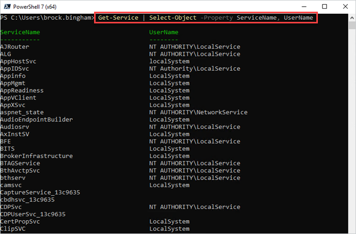 Adding the service username to the PowerShell results.
