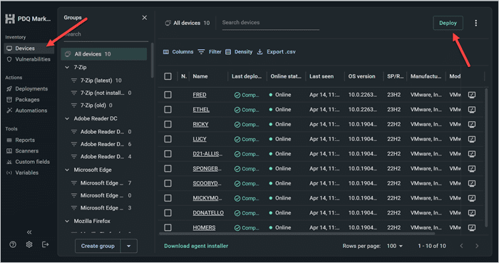 Screenshot showing Devices and Deploy in PDQ Connect.