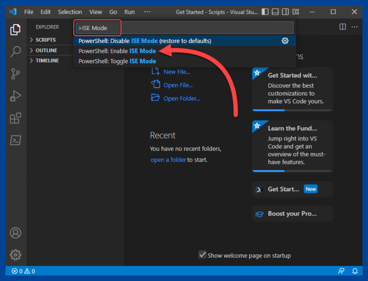 Enter the ISE Mode command in VS Code