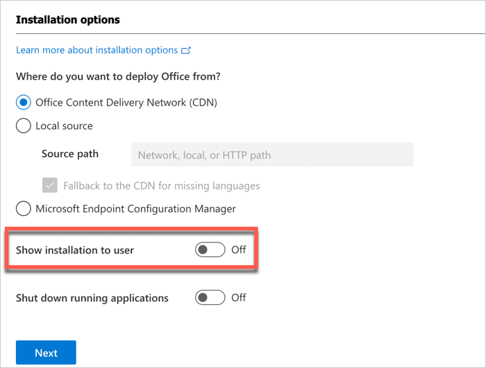 microsoft config installation options screenshot