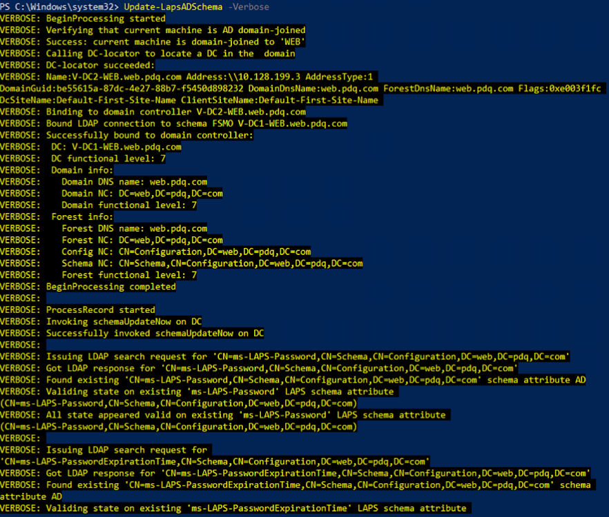 PowerShell verbose output confirming Active Directory schema update for Windows LAPS.