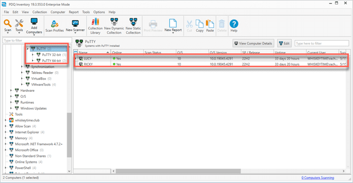 Screenshot of the PDQ Inventory UI showing which devices have PuTTY installed.