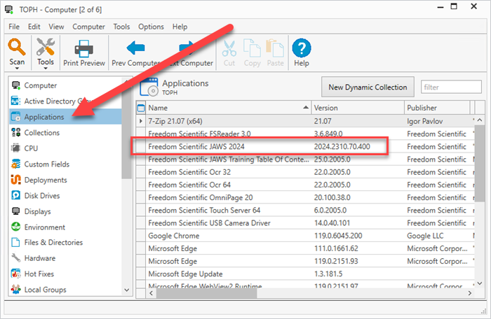 Identify application information from the computer details applications window.