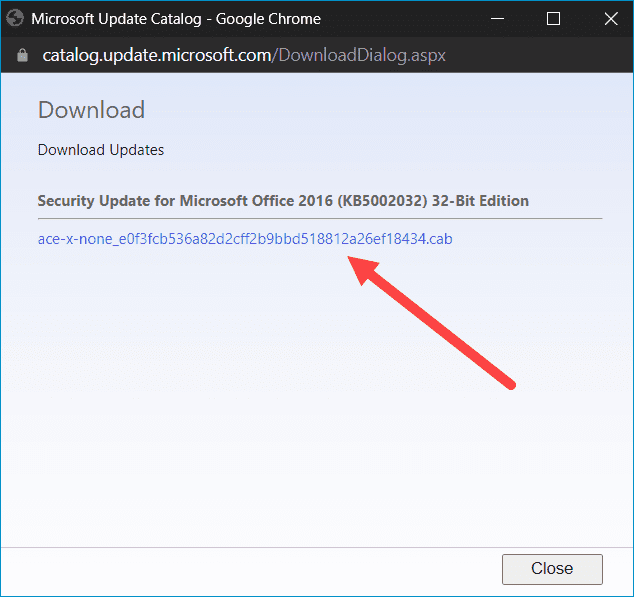 Download link for .cab file containing Office .msp update