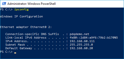 PowerShell output of the ipconfig command showing IPv4 address (192.168.60.111), subnet mask, and default gateway for Ethernet adapter.