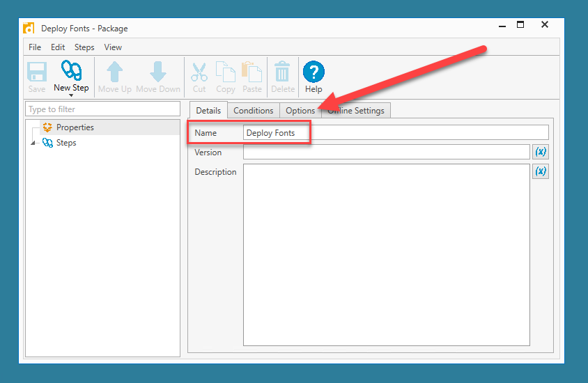 Naming a PDQ Package and navigating to the options tab.