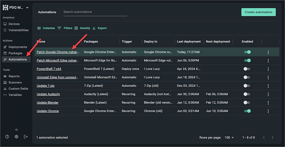 The Automations tab and newly created automation in PDQ Connect.