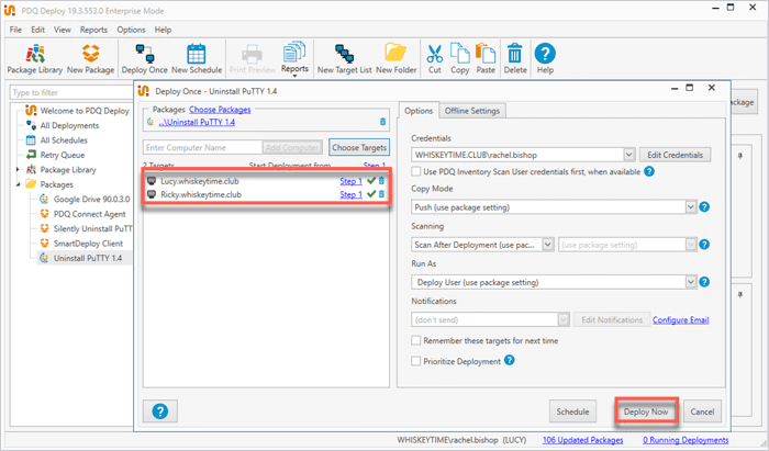 Screenshot of the PDQ Deploy UI showing the Deploy Now option for the uninstall package for targets with PuTTY.