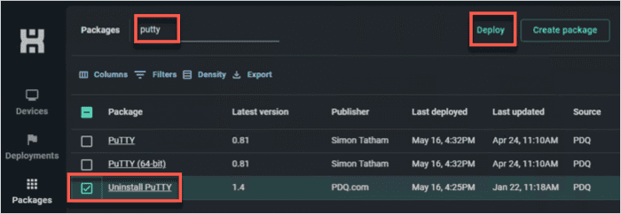 Screenshot of the PDQ Connect UI showing searching putty, checking Uninstall PuTTY, and clicking Deploy.