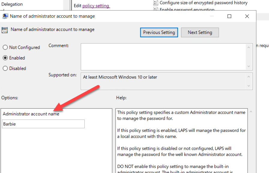 Windows LAPS GPO configuration window specifying custom administrator account name to manage.