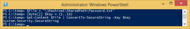 PowerShell output confirming secure string conversion using a specified key.