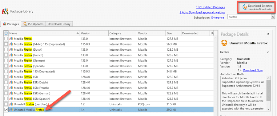 A screenshot showing how to download an uninstall package in PDQ Deploy
