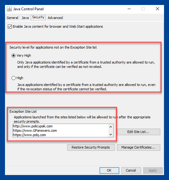 Managing Java Settings 18