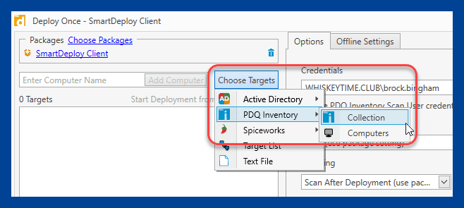 Click Choose Targets, then PDQ Inventory, then Collection