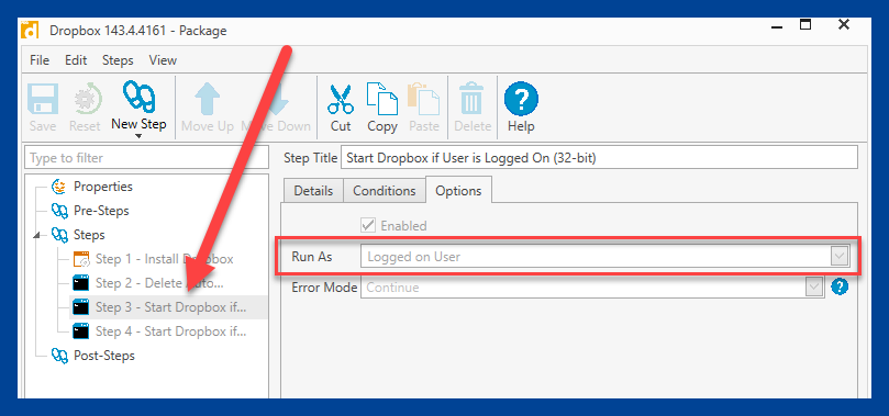 Showing off an example from a package the uses the logged on user run mode in PDQ Deploy.