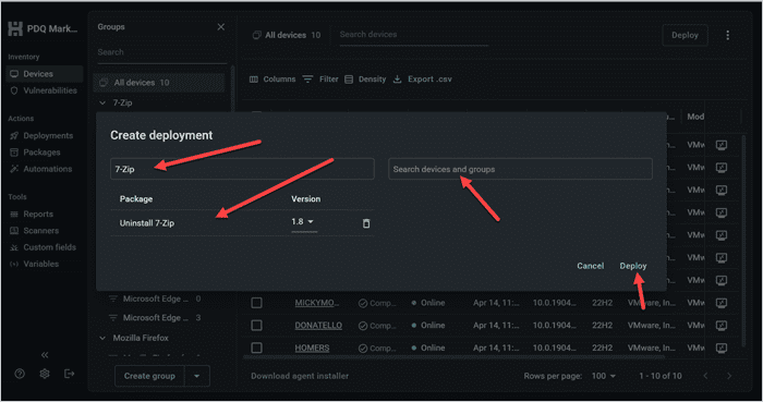 Screenshot showing the Search packages field, the relevant uninstall package, the Search devices and groups field, and the Deploy button.