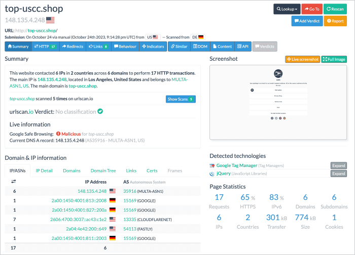 urlscan.io preview of a malicious link showing DNS and redirect data