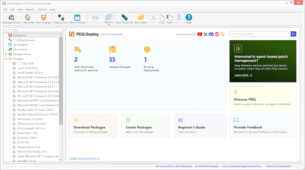 Screenshot of PDQ Deploy dashboard, showing data on auto-downloads waiting for approval, updated packages, and running deployments.