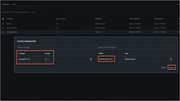 Screenshot of the PDQ Connect UI showing the Create deployment dialog box, adding the Devices with PuTTY dynamic group, and deploying the uninstall package.