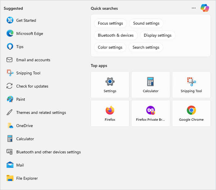 Screenshot showing the search window, which now shows quick search options and top apps.