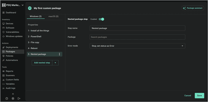 PDQ nested package step with package selection and error mode settings.