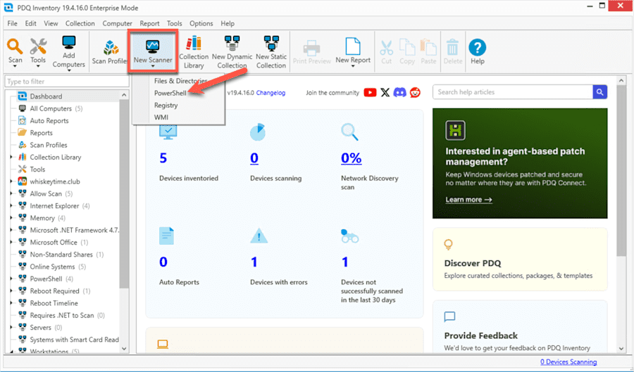 A screenshot showing the PowerShell scanner option in PDQ Inventory