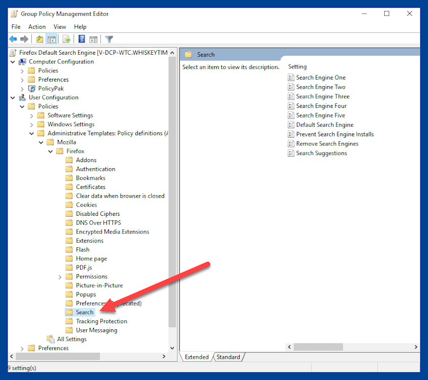 Group Policy Management Editor with the Firefox Search policy folder selected under User Configuration.