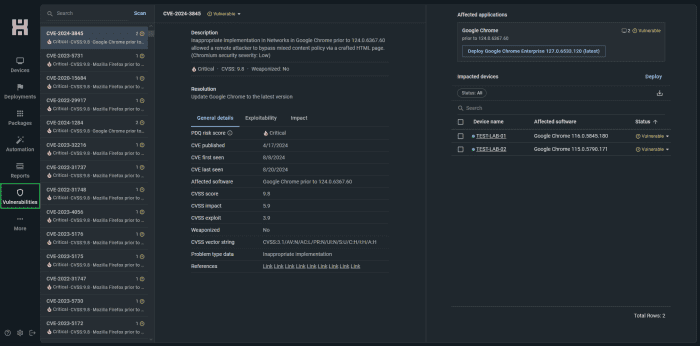 A screenshot of PDQ Connect's vulnerability management interface