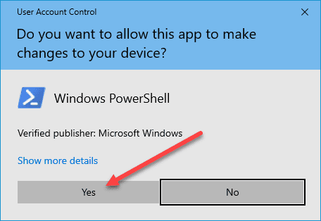 User Account Control prompt asking to allow PowerShell changes