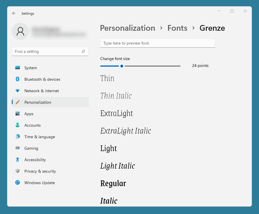Viewing the installed font and its various font faces.