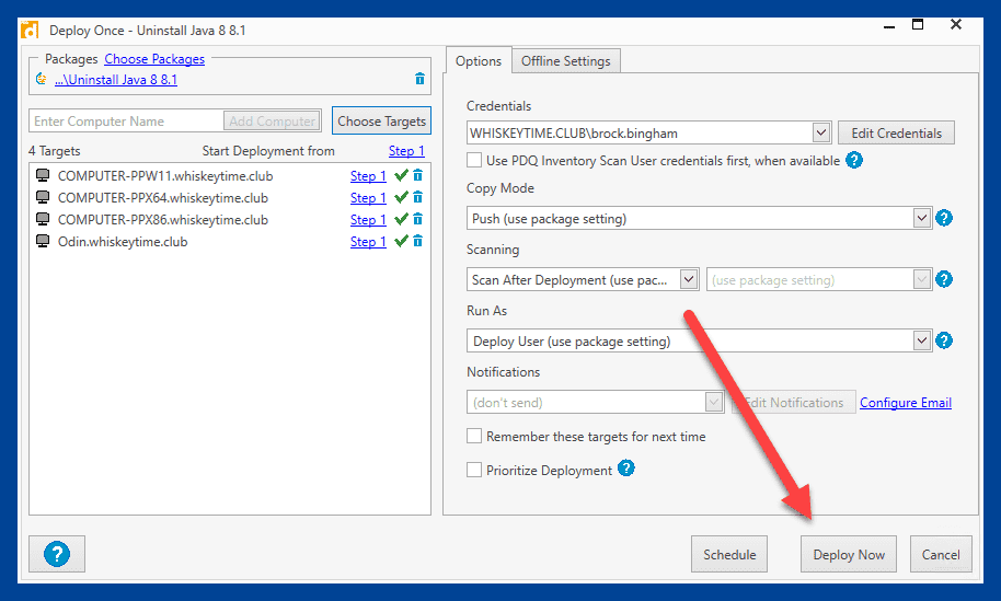 Screenshot showing the above instructions in PDQ Deploy.