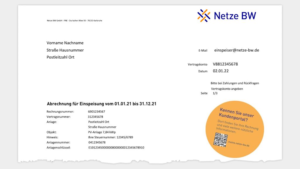 Abrechnung Netze BW, Einspeisung 01.01.21-31.12.21.