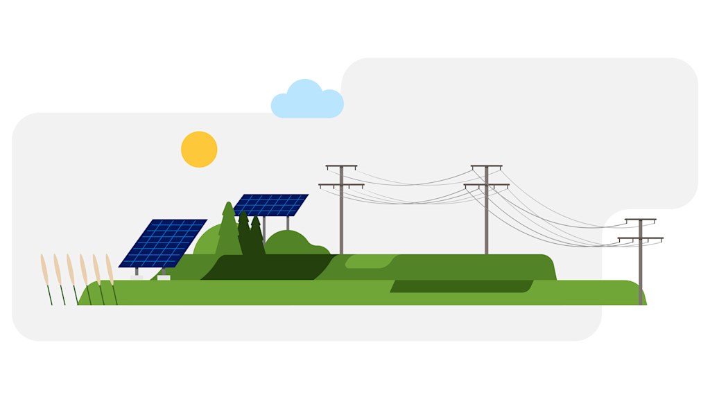 Grafik von Solaranlage und Stromleitungen in einer Landschaft.
