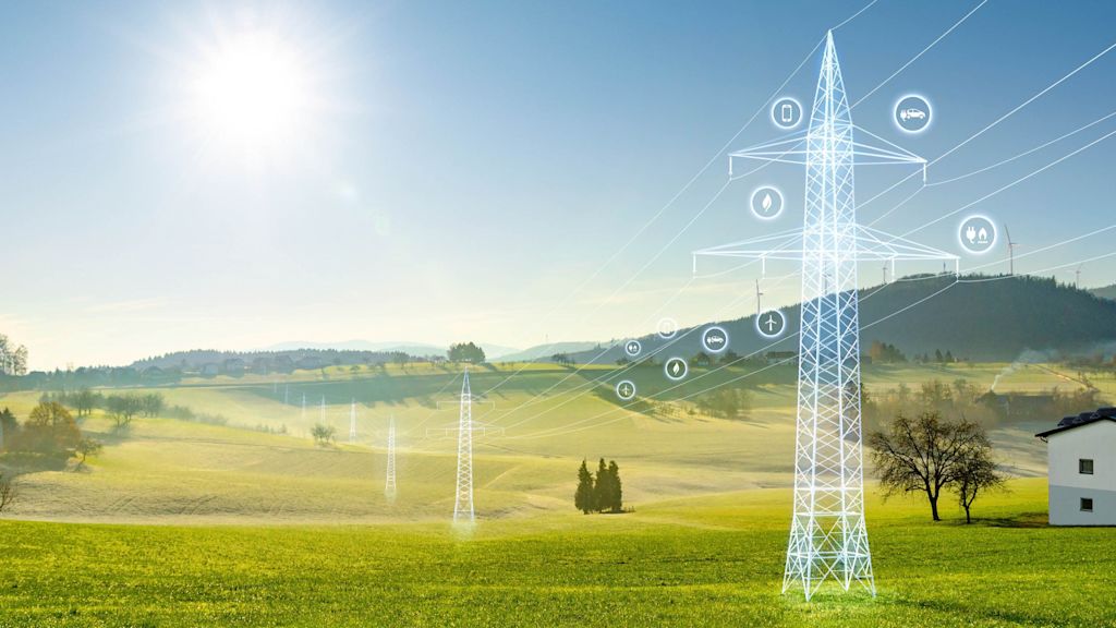Hochspannungsmast mit Icons für E-Mobilität, erneuerbare Energien und Smart Home.