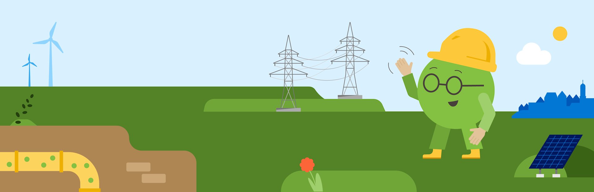 Der Energiewendelin, eine grüne Figur mit Helm und Brille, spaziert über grüne Wiese und freut sich über Strommasten, Windräder und Solaranlagen.