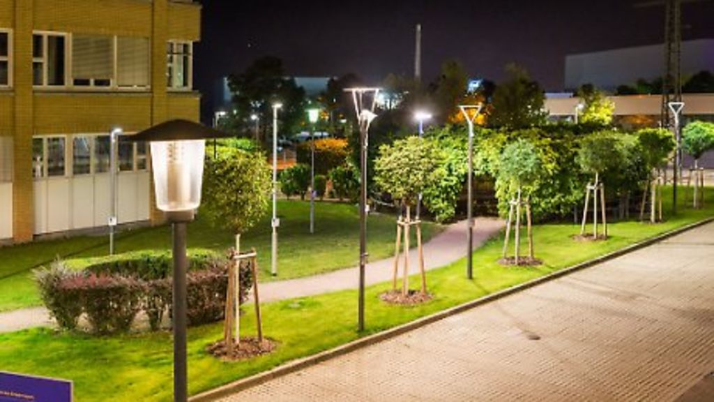 Beleuchtete Außenanlage mit Bäumen und Gebäuden bei Nacht.